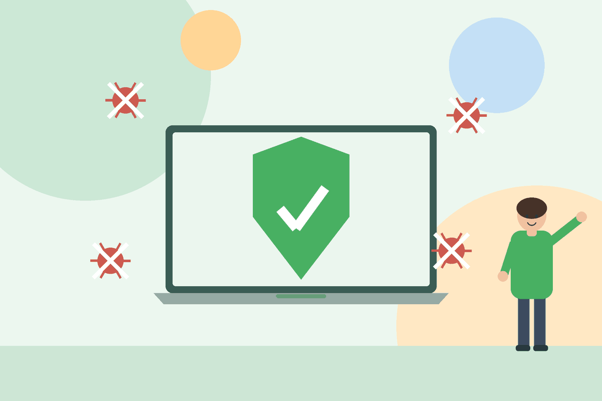Un ordinateur protégé par un bouclier vert, virus supprimés : nettoyage de virus à domicile